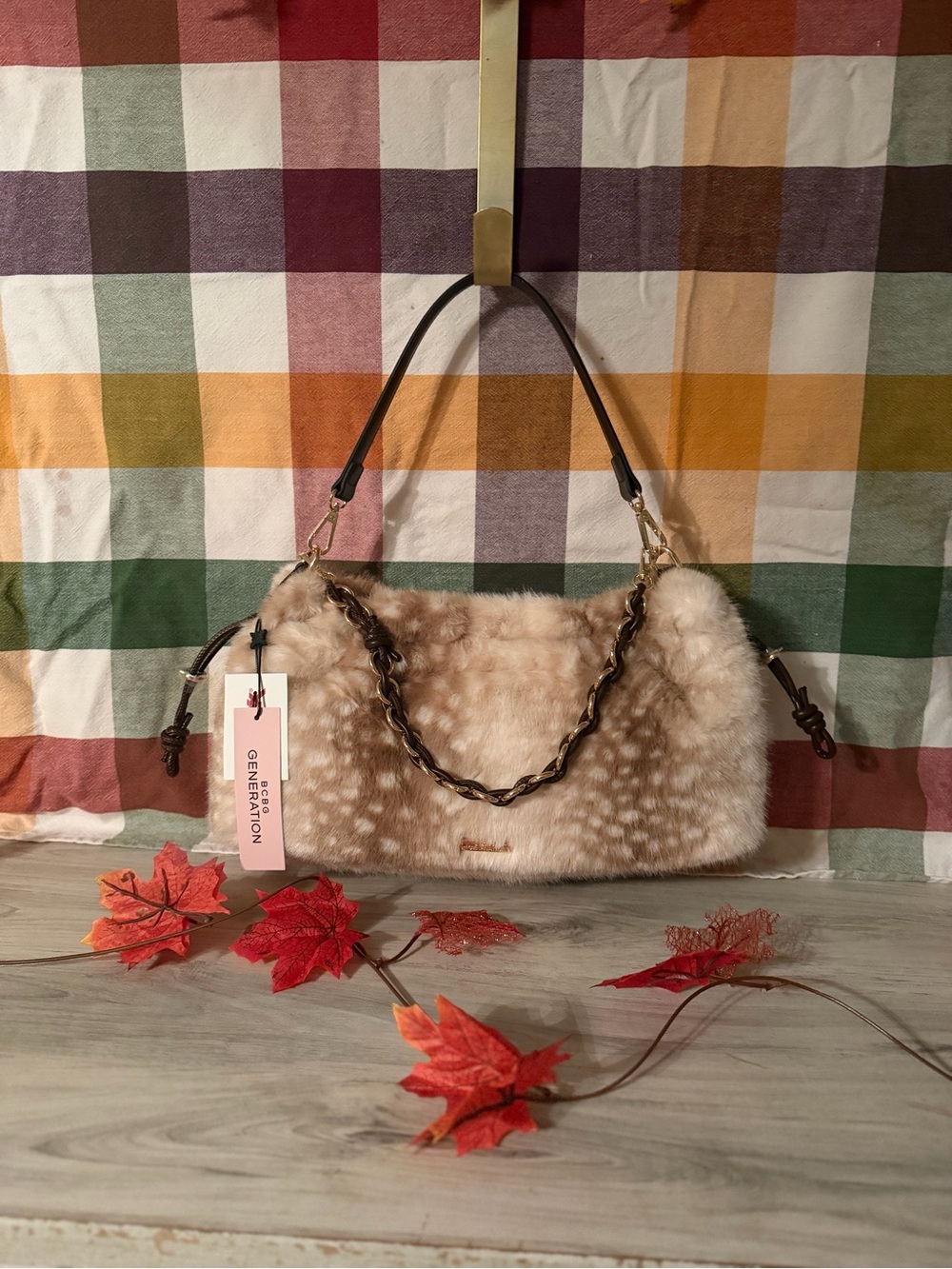 BCBGeneration Faux Fur Shoulder Bag in Beige